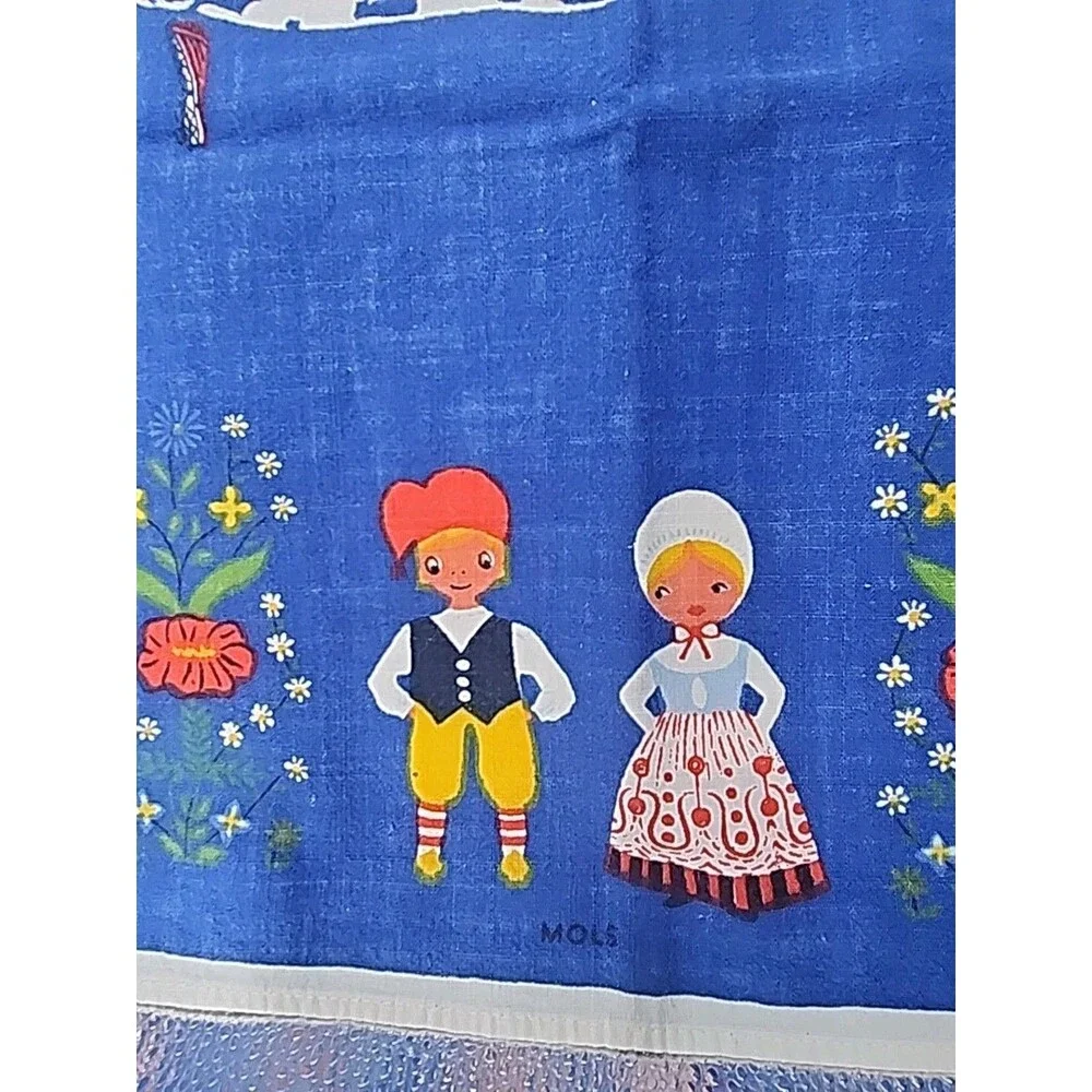 Vtg Tablecloth Fabric Ingrid Pedersen Denmark Souvenir 36” By 36” Blue